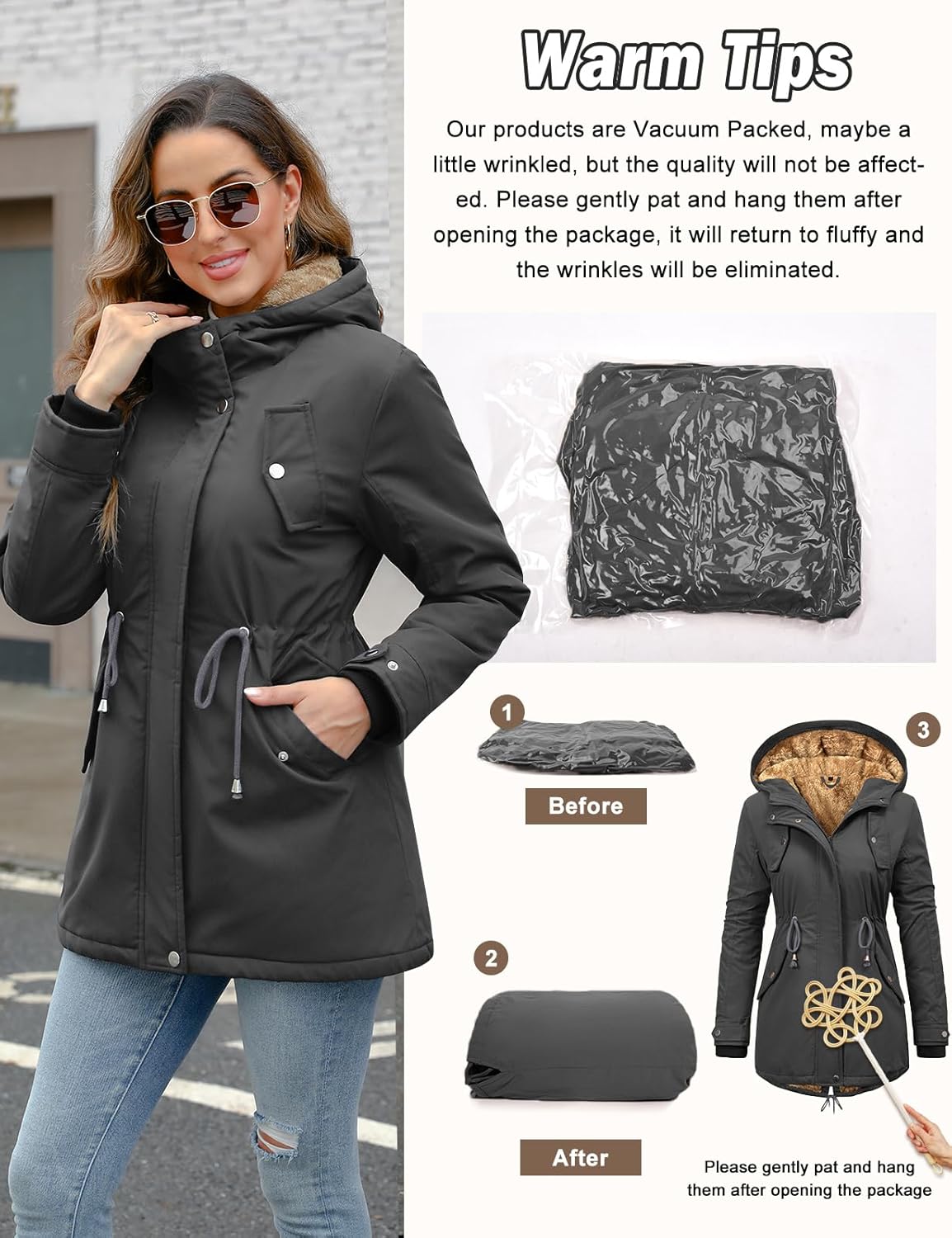 CMTOP Women Winter Jackets UK Thick Fleece Lined Ladies Coats Warm Fuzzy Waterproof Coat Padded Windproof Ladies Coats Thermal Outdoor Parka Jacket Hooded Outwear with Pockets