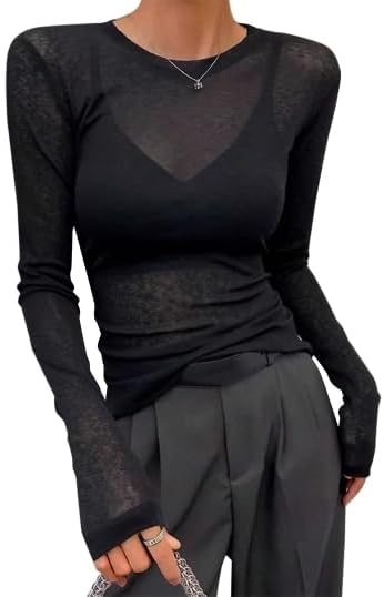 Avanova Women Mesh Sheer Long Sleeve Top See Through Sexy Going Out Shirts