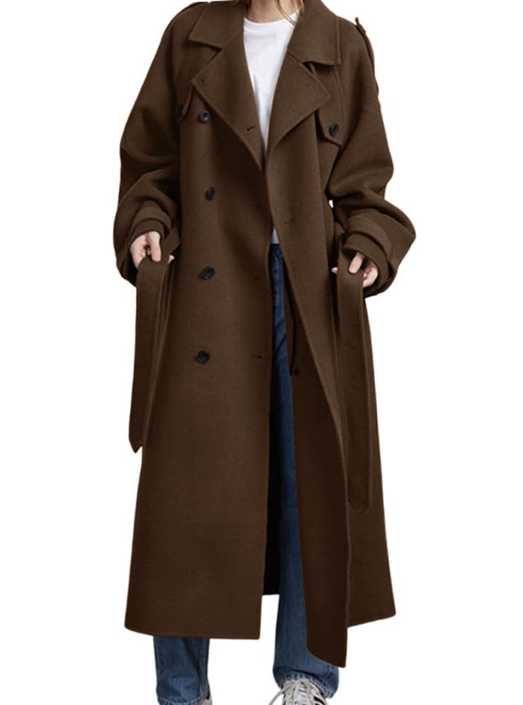 chouyatou Women's Winter Double Breasted Wool Coat Long Sleeve Notch Lapel Midi Long Winter Trench Coat with Belt