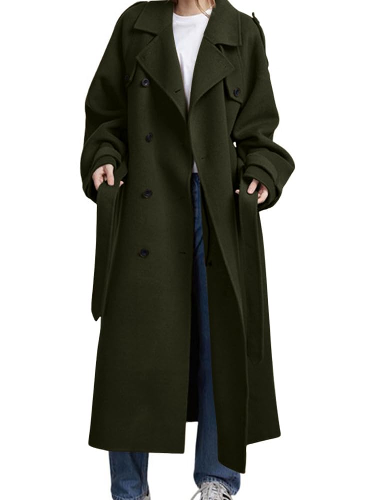 chouyatou Women's Winter Double Breasted Wool Coat Long Sleeve Notch Lapel Midi Long Winter Trench Coat with Belt