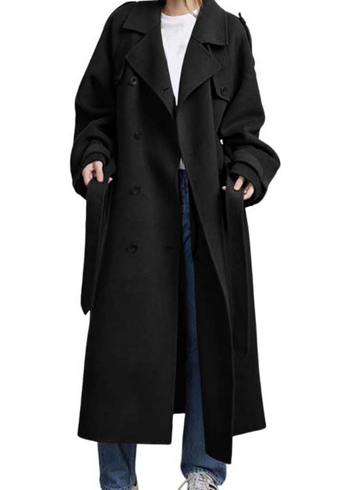 chouyatou Women's Winter Double Breasted Wool Coat Long Sleeve Notch Lapel Midi Long Winter Trench Coat with Belt