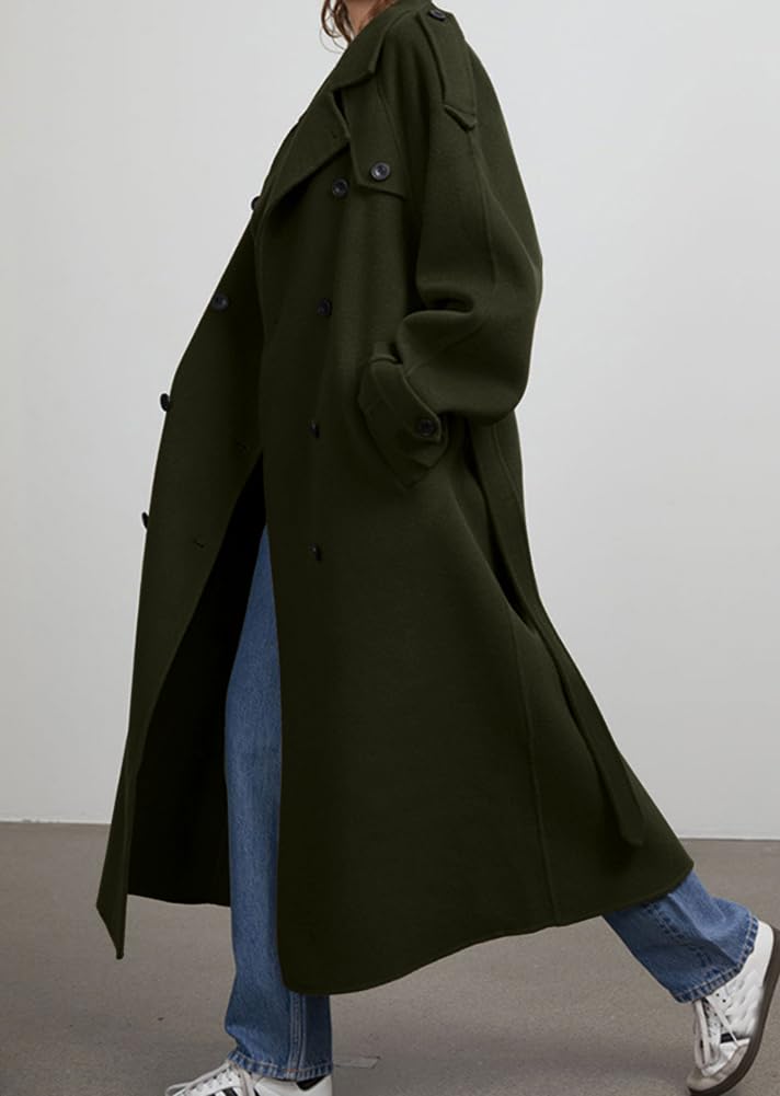 chouyatou Women's Winter Double Breasted Wool Coat Long Sleeve Notch Lapel Midi Long Winter Trench Coat with Belt