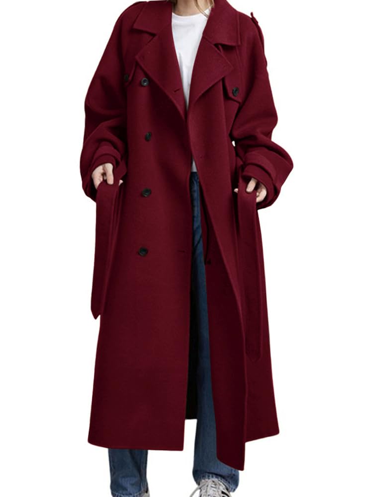 chouyatou Women's Winter Double Breasted Wool Coat Long Sleeve Notch Lapel Midi Long Winter Trench Coat with Belt