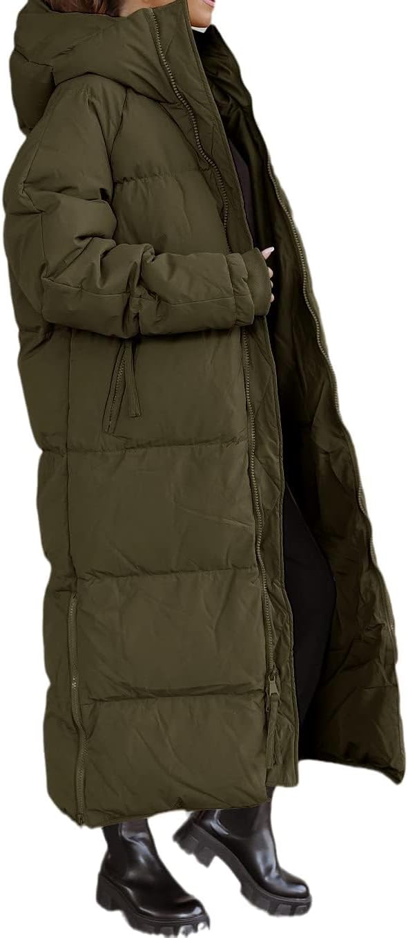 Tankaneo Women's Long Winter Coat with Zip Hood Long Sleeve Puffer Quilted Coat Functional Jacket Down Look Winter Outerwear