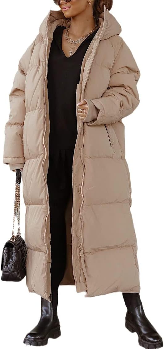 Tankaneo Women's Long Winter Coat with Zip Hood Long Sleeve Puffer Quilted Coat Functional Jacket Down Look Winter Outerwear