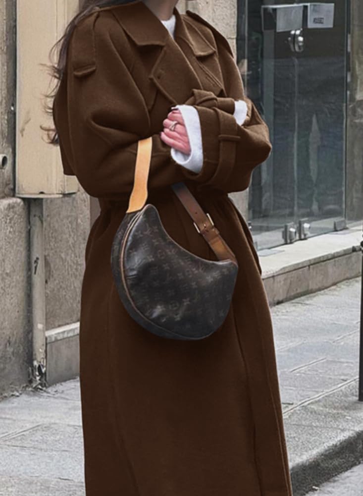 chouyatou Women's Winter Double Breasted Wool Coat Long Sleeve Notch Lapel Midi Long Winter Trench Coat with Belt