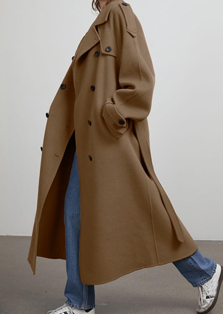 chouyatou Women's Winter Double Breasted Wool Coat Long Sleeve Notch Lapel Midi Long Winter Trench Coat with Belt