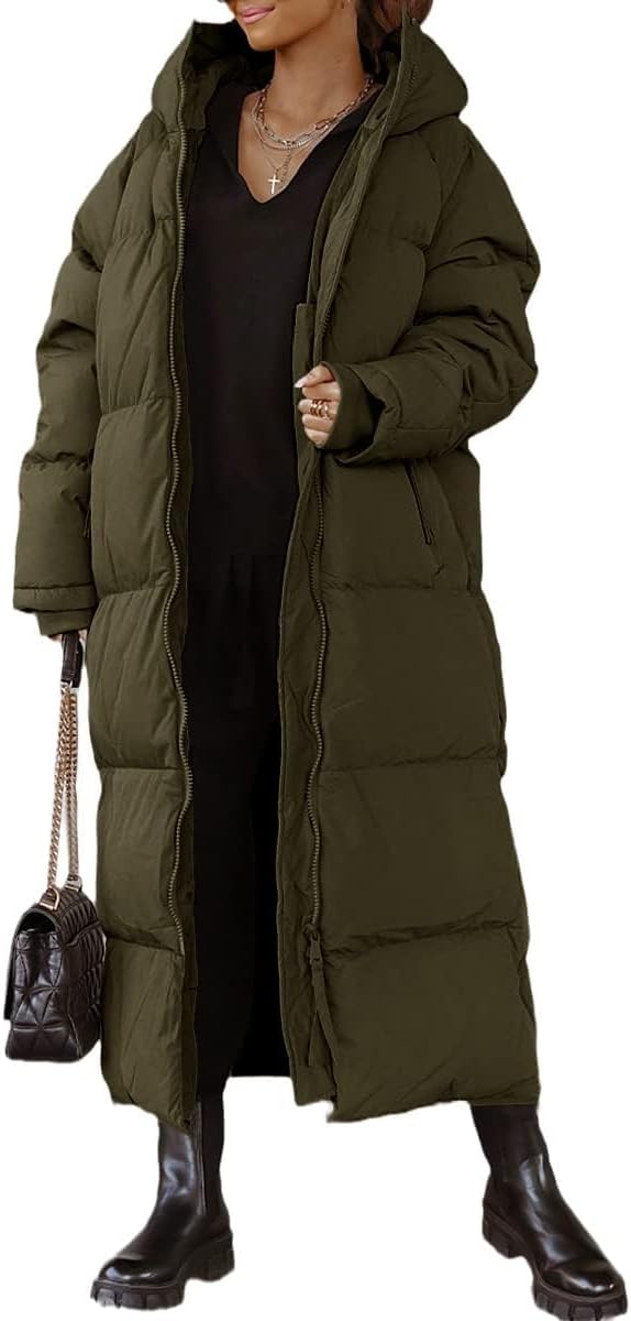 Tankaneo Women's Long Winter Coat with Zip Hood Long Sleeve Puffer Quilted Coat Functional Jacket Down Look Winter Outerwear