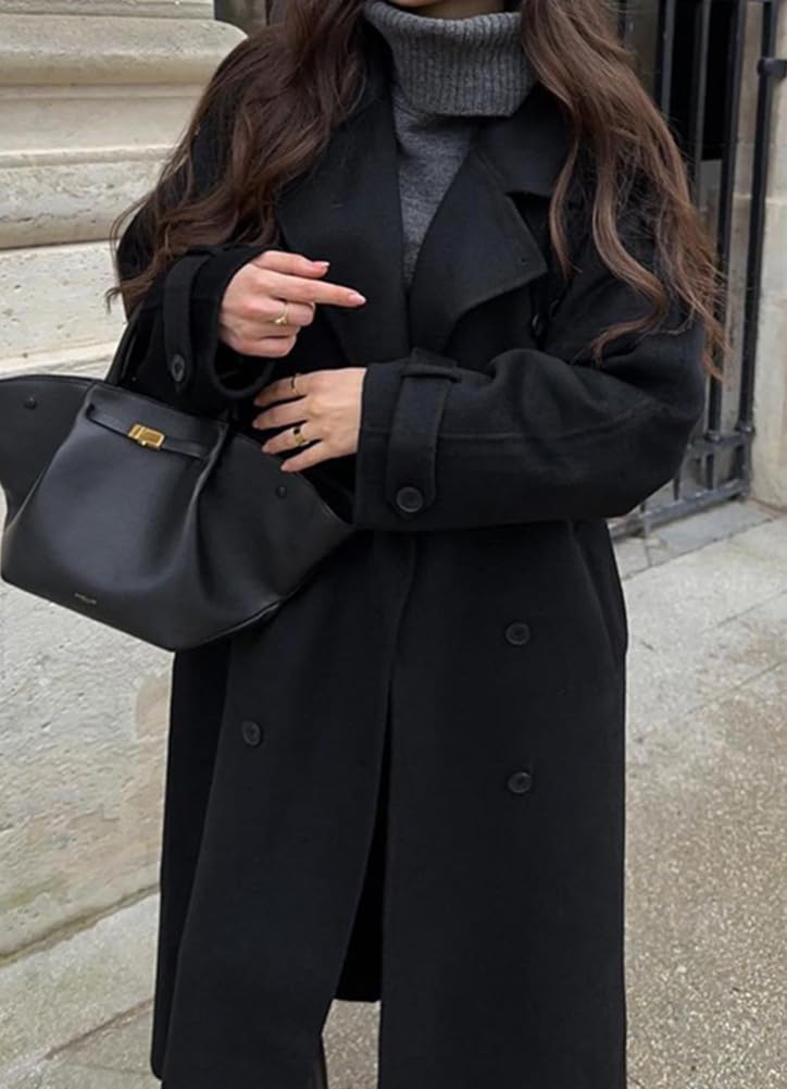 chouyatou Women's Winter Double Breasted Wool Coat Long Sleeve Notch Lapel Midi Long Winter Trench Coat with Belt