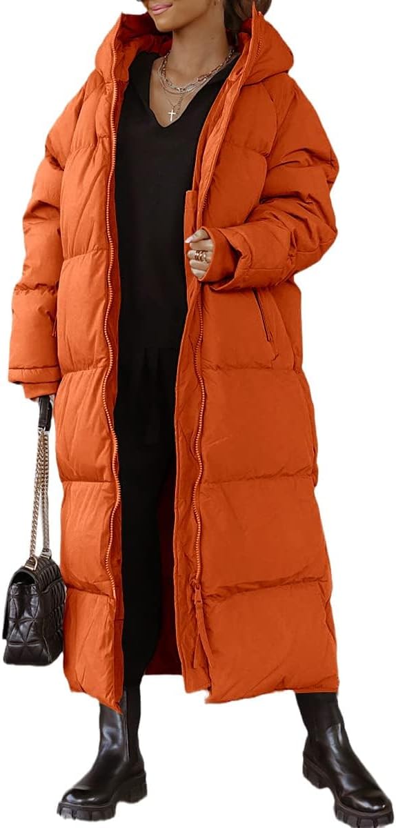 Tankaneo Women's Long Winter Coat with Zip Hood Long Sleeve Puffer Quilted Coat Functional Jacket Down Look Winter Outerwear