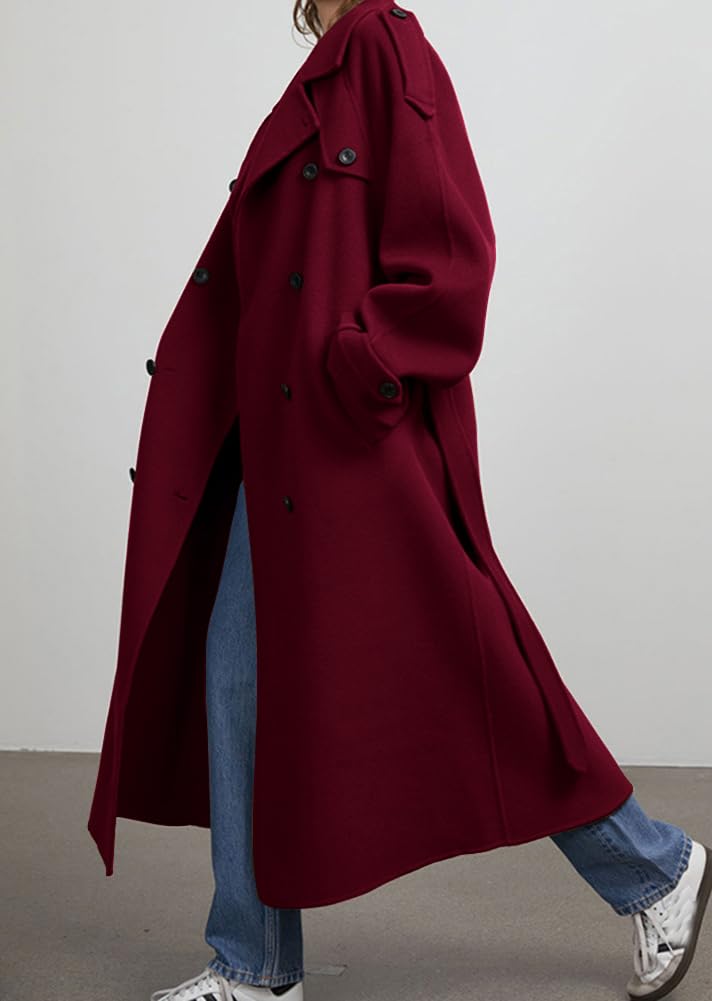 chouyatou Women's Winter Double Breasted Wool Coat Long Sleeve Notch Lapel Midi Long Winter Trench Coat with Belt
