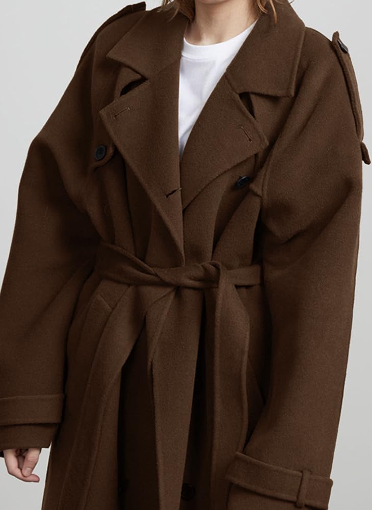chouyatou Women's Winter Double Breasted Wool Coat Long Sleeve Notch Lapel Midi Long Winter Trench Coat with Belt
