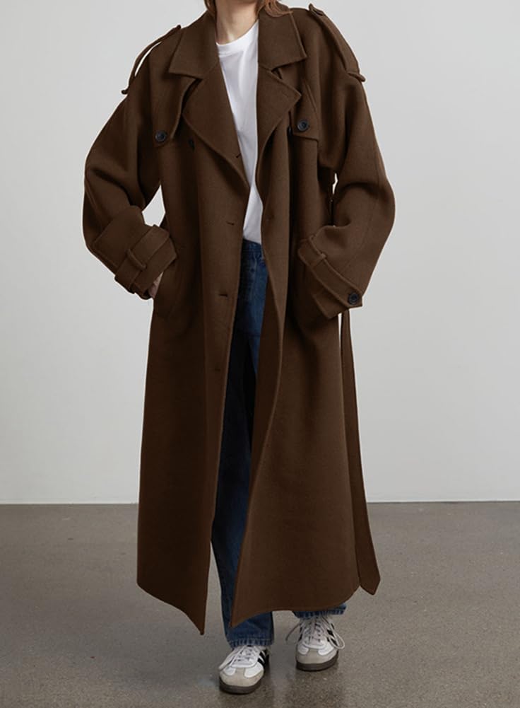 chouyatou Women's Winter Double Breasted Wool Coat Long Sleeve Notch Lapel Midi Long Winter Trench Coat with Belt