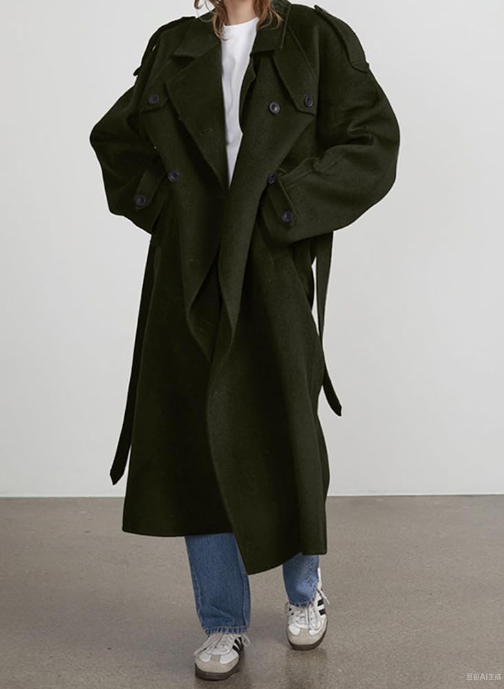 chouyatou Women's Winter Double Breasted Wool Coat Long Sleeve Notch Lapel Midi Long Winter Trench Coat with Belt