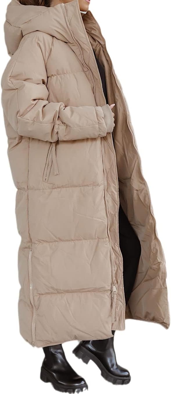 Tankaneo Women's Long Winter Coat with Zip Hood Long Sleeve Puffer Quilted Coat Functional Jacket Down Look Winter Outerwear
