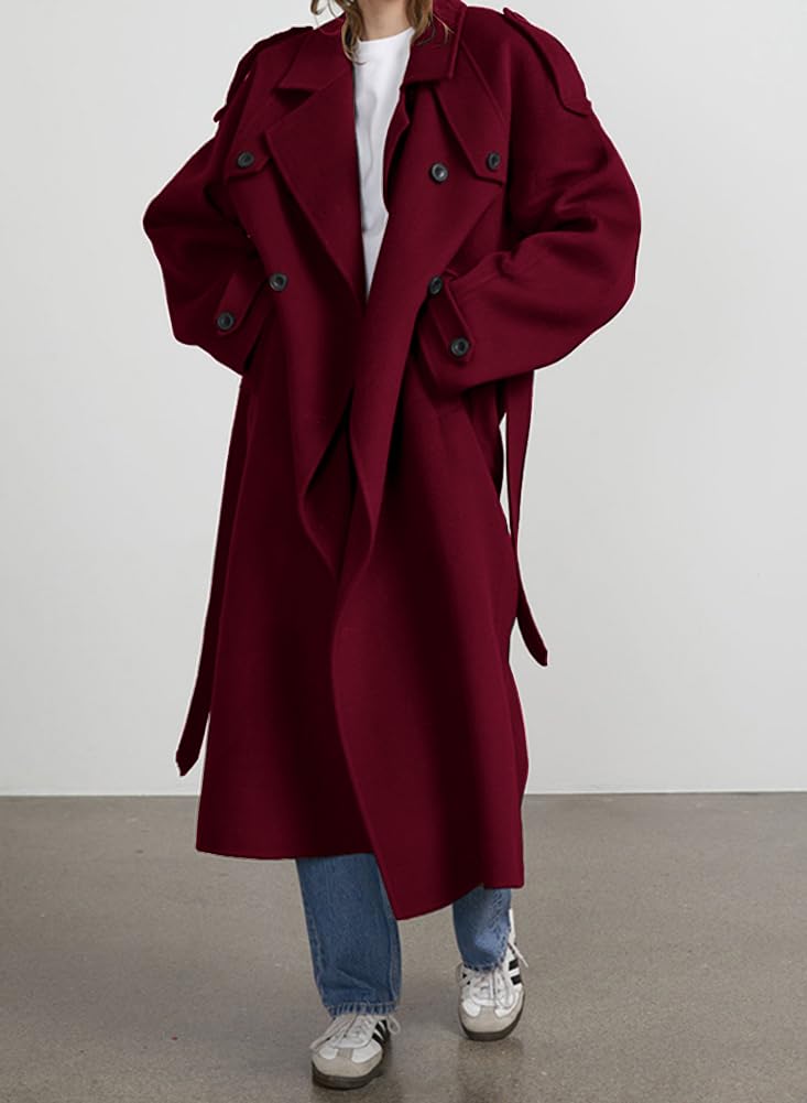 chouyatou Women's Winter Double Breasted Wool Coat Long Sleeve Notch Lapel Midi Long Winter Trench Coat with Belt