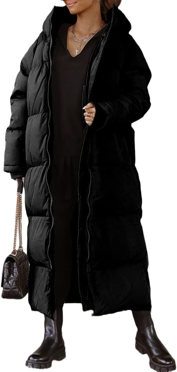 Tankaneo Women's Long Winter Coat with Zip Hood Long Sleeve Puffer Quilted Coat Functional Jacket Down Look Winter Outerwear