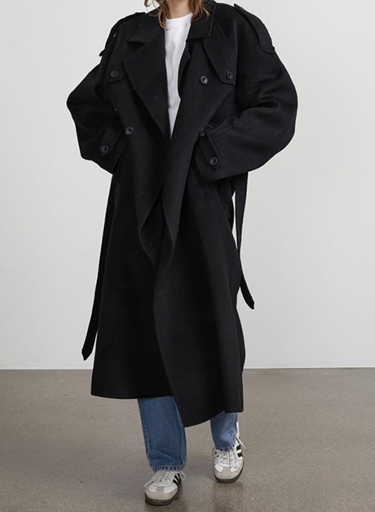 chouyatou Women's Winter Double Breasted Wool Coat Long Sleeve Notch Lapel Midi Long Winter Trench Coat with Belt