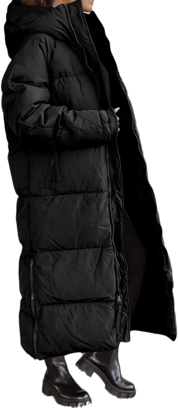 Tankaneo Women's Long Winter Coat with Zip Hood Long Sleeve Puffer Quilted Coat Functional Jacket Down Look Winter Outerwear
