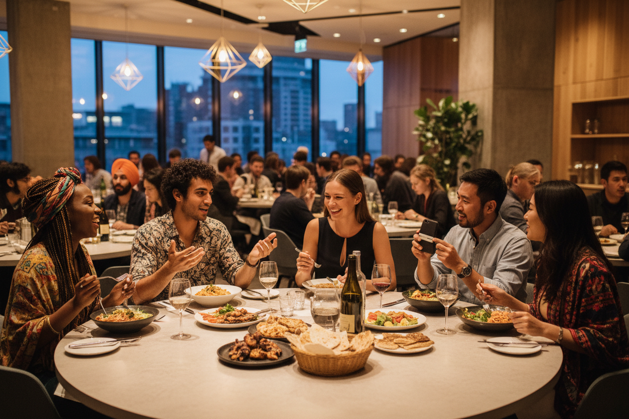 6 vänner från olika länder äter middag på en modern restaurang med mycket folk omkring 