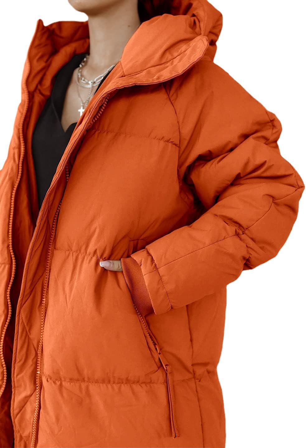 Tankaneo Women's Long Winter Coat with Zip Hood Long Sleeve Puffer Quilted Coat Functional Jacket Down Look Winter Outerwear