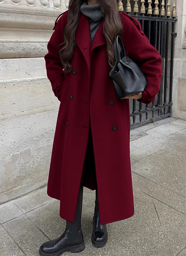 chouyatou Women's Winter Double Breasted Wool Coat Long Sleeve Notch Lapel Midi Long Winter Trench Coat with Belt