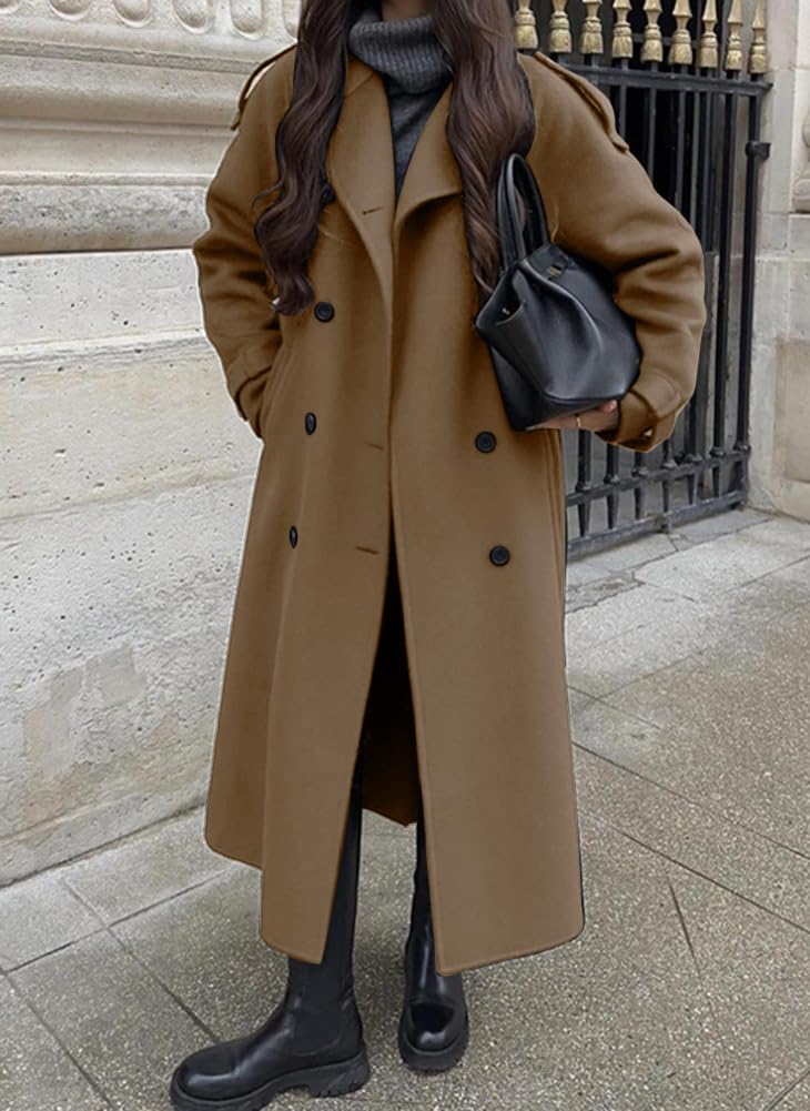 chouyatou Women's Winter Double Breasted Wool Coat Long Sleeve Notch Lapel Midi Long Winter Trench Coat with Belt