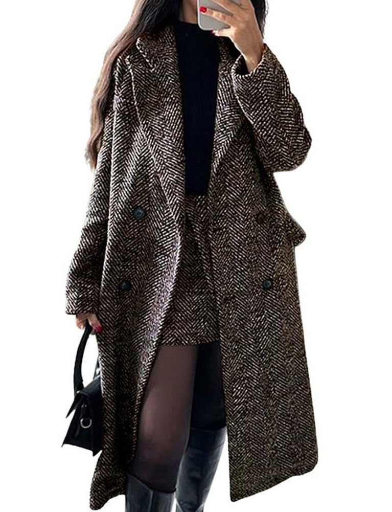 chouyatou Women's Winter Casual Herringbone Wool Coat Double Breasted Notch Collar Dressy Long Trench Coat