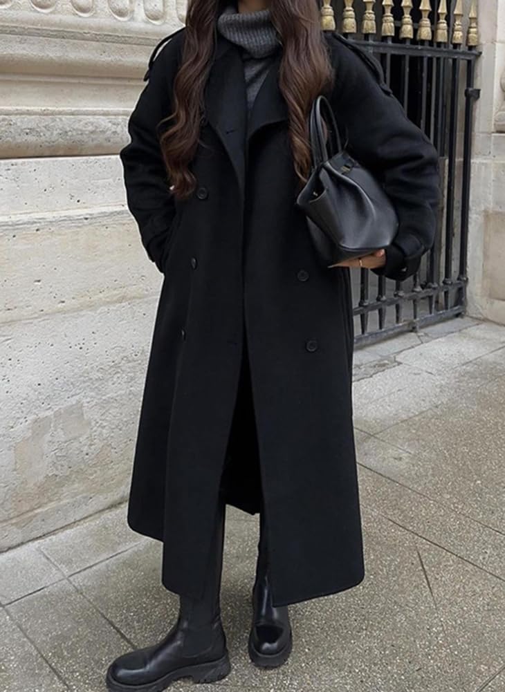 chouyatou Women's Winter Double Breasted Wool Coat Long Sleeve Notch Lapel Midi Long Winter Trench Coat with Belt