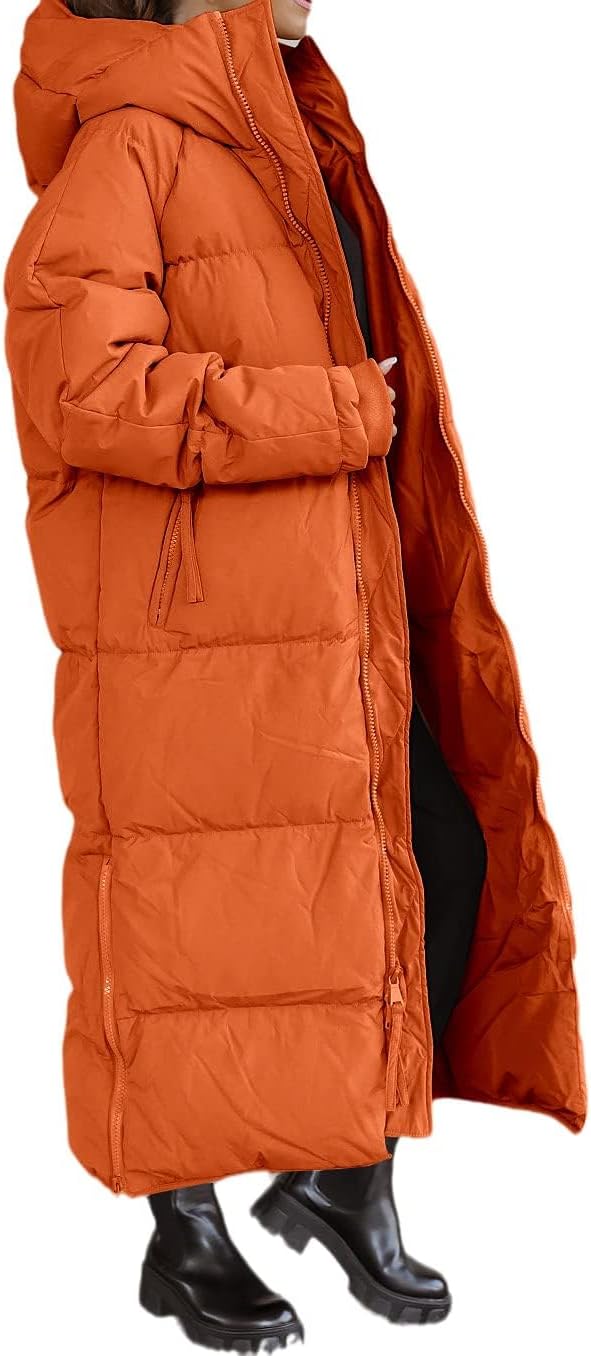 Tankaneo Women's Long Winter Coat with Zip Hood Long Sleeve Puffer Quilted Coat Functional Jacket Down Look Winter Outerwear