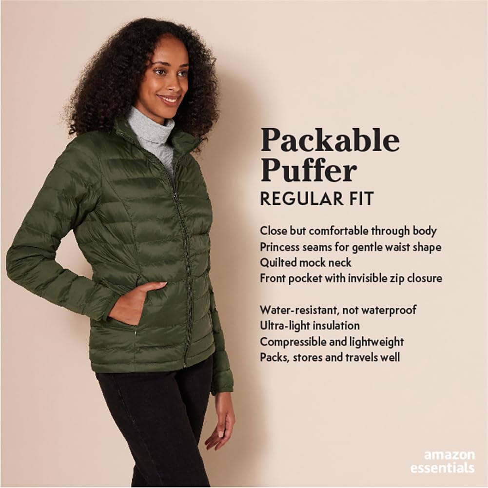 Amazon Essentials Women's Lightweight Long-Sleeve Water-Resistant Packable Puffer Jacket (Available in Plus Size)