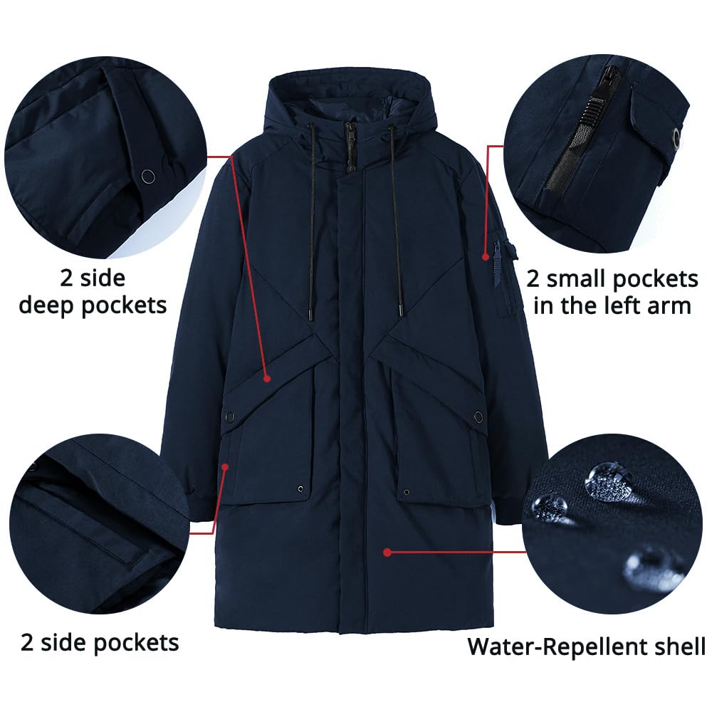 Pioneer Camp Men's Winter Coats Water-Repellent Windproof Thicken Parkas Long Hooded Padded Puffer Jacket