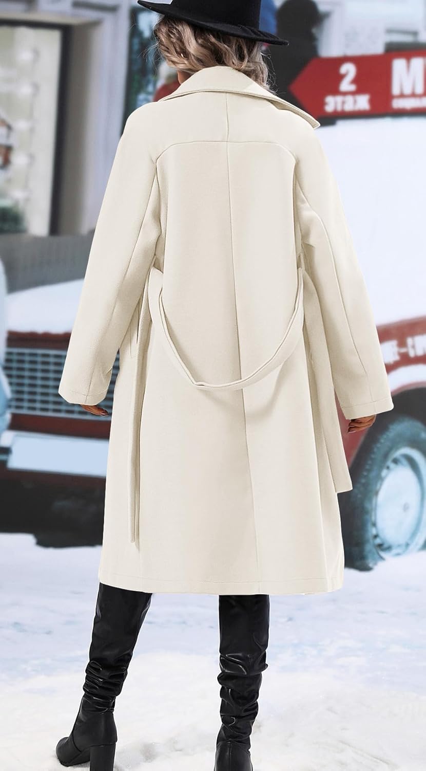 SAUKOLE Women's Trendy Lapel Collar Double Breasted Wool Blend Coats Winter Pea Overcoat Pocketed Outwear with Belt