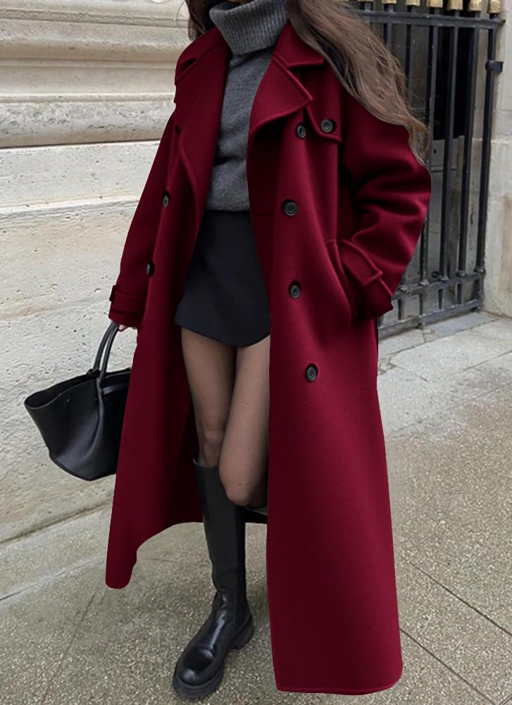chouyatou Women's Winter Double Breasted Wool Coat Long Sleeve Notch Lapel Midi Long Winter Trench Coat with Belt