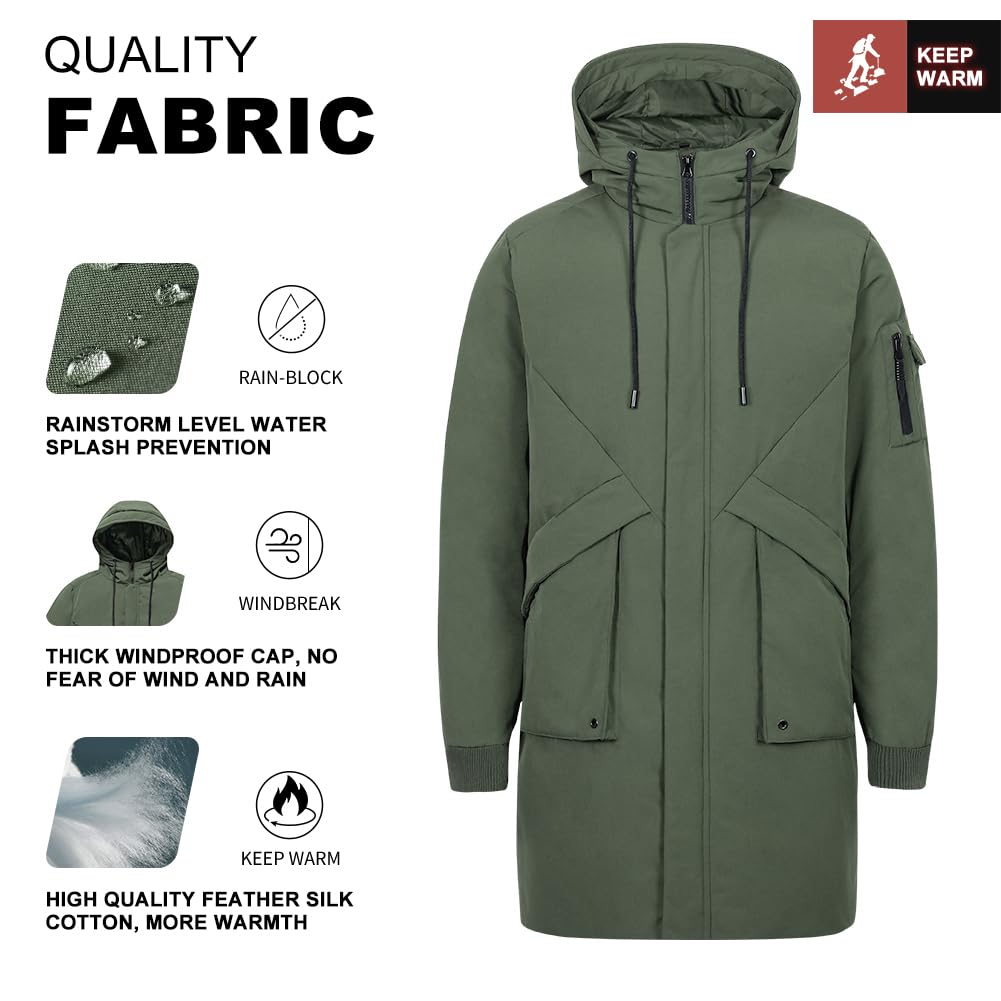 Pioneer Camp Men's Winter Coats Water-Repellent Windproof Thicken Parkas Long Hooded Padded Puffer Jacket