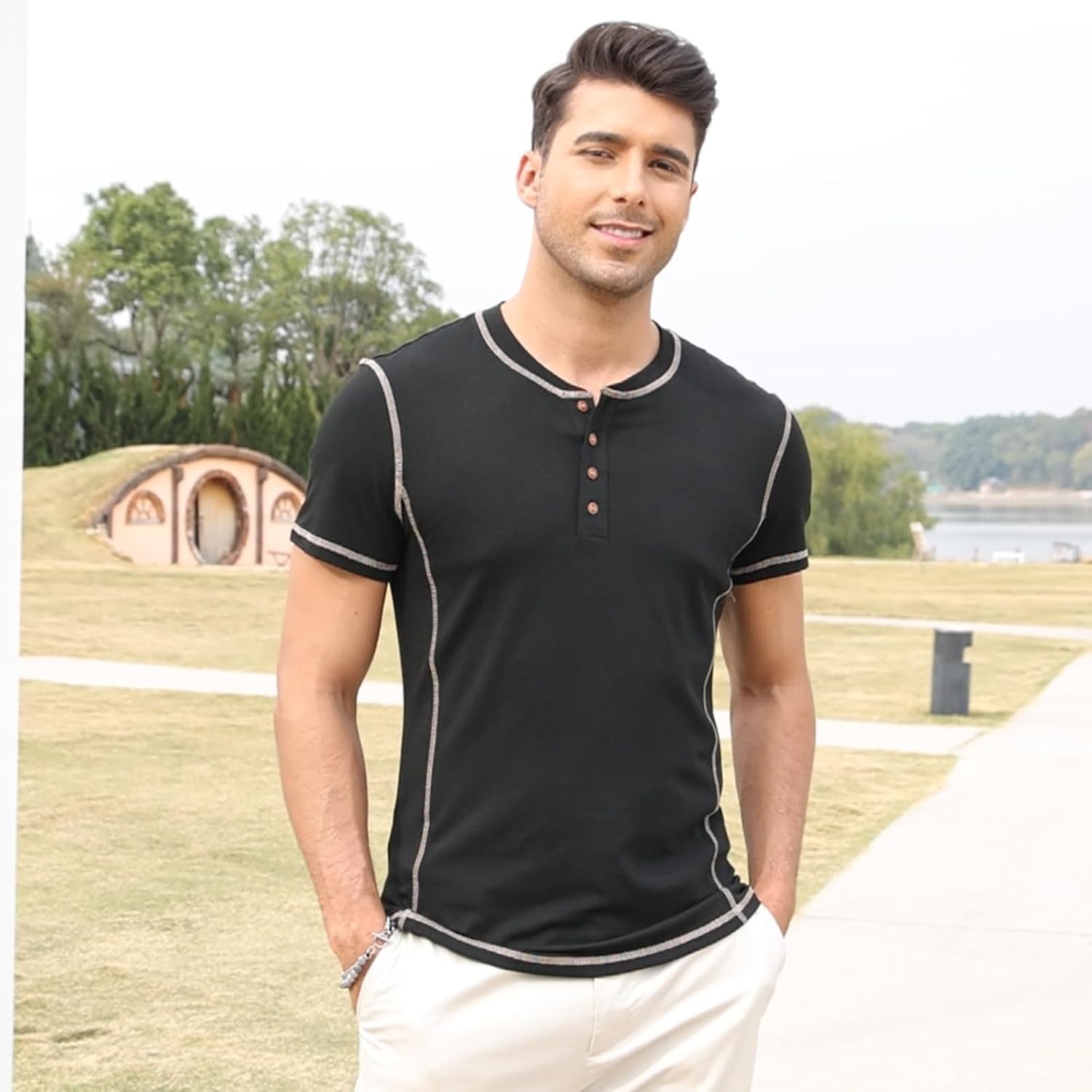 Men's Long Sleeve T-Shirt Long Cotton Henley Turtleneck Casual T-Shirt M-2XL