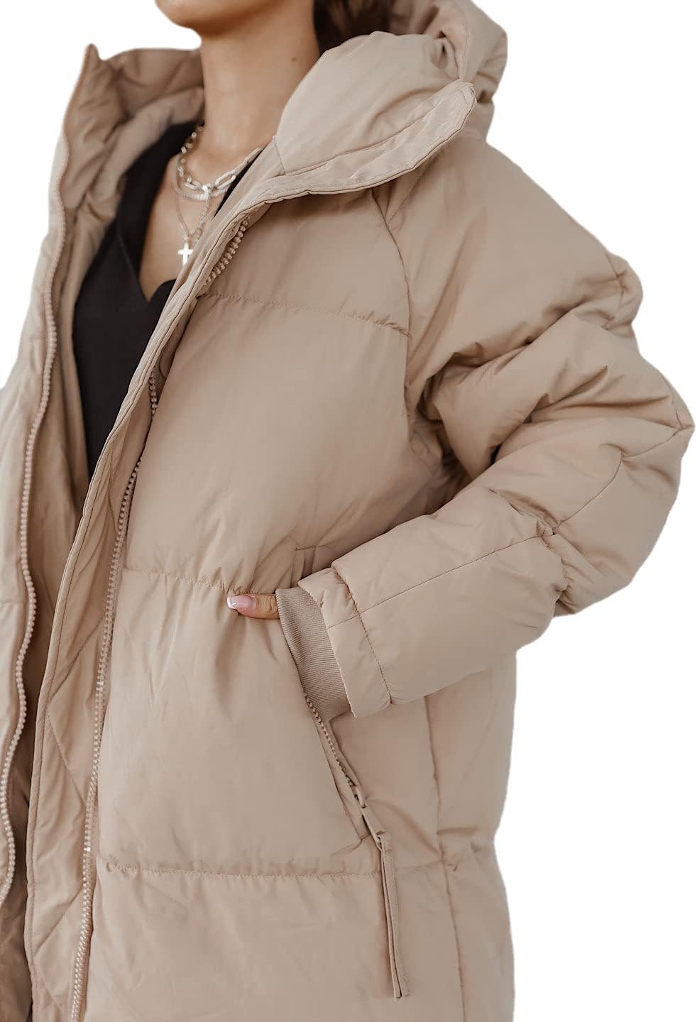 Tankaneo Women's Long Winter Coat with Zip Hood Long Sleeve Puffer Quilted Coat Functional Jacket Down Look Winter Outerwear