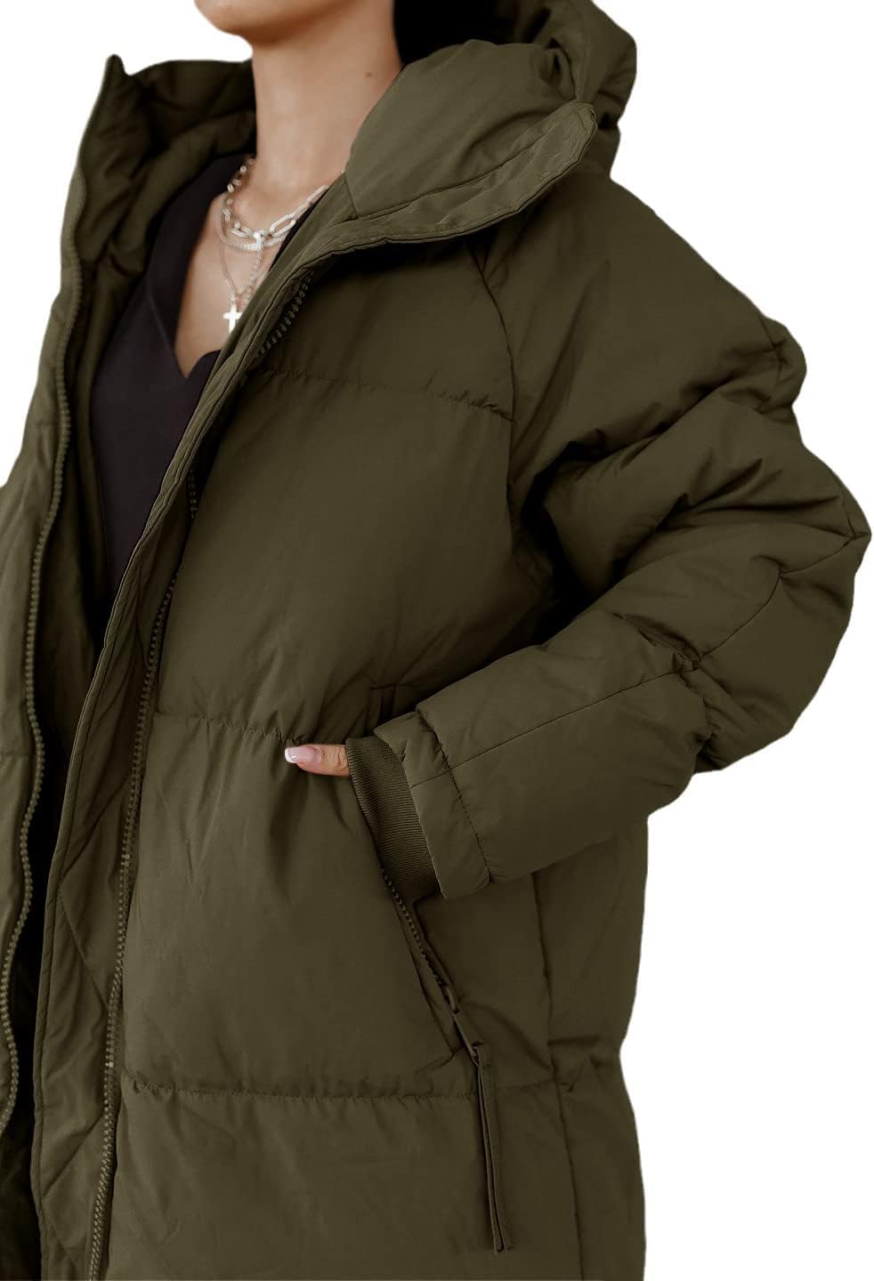 Tankaneo Women's Long Winter Coat with Zip Hood Long Sleeve Puffer Quilted Coat Functional Jacket Down Look Winter Outerwear