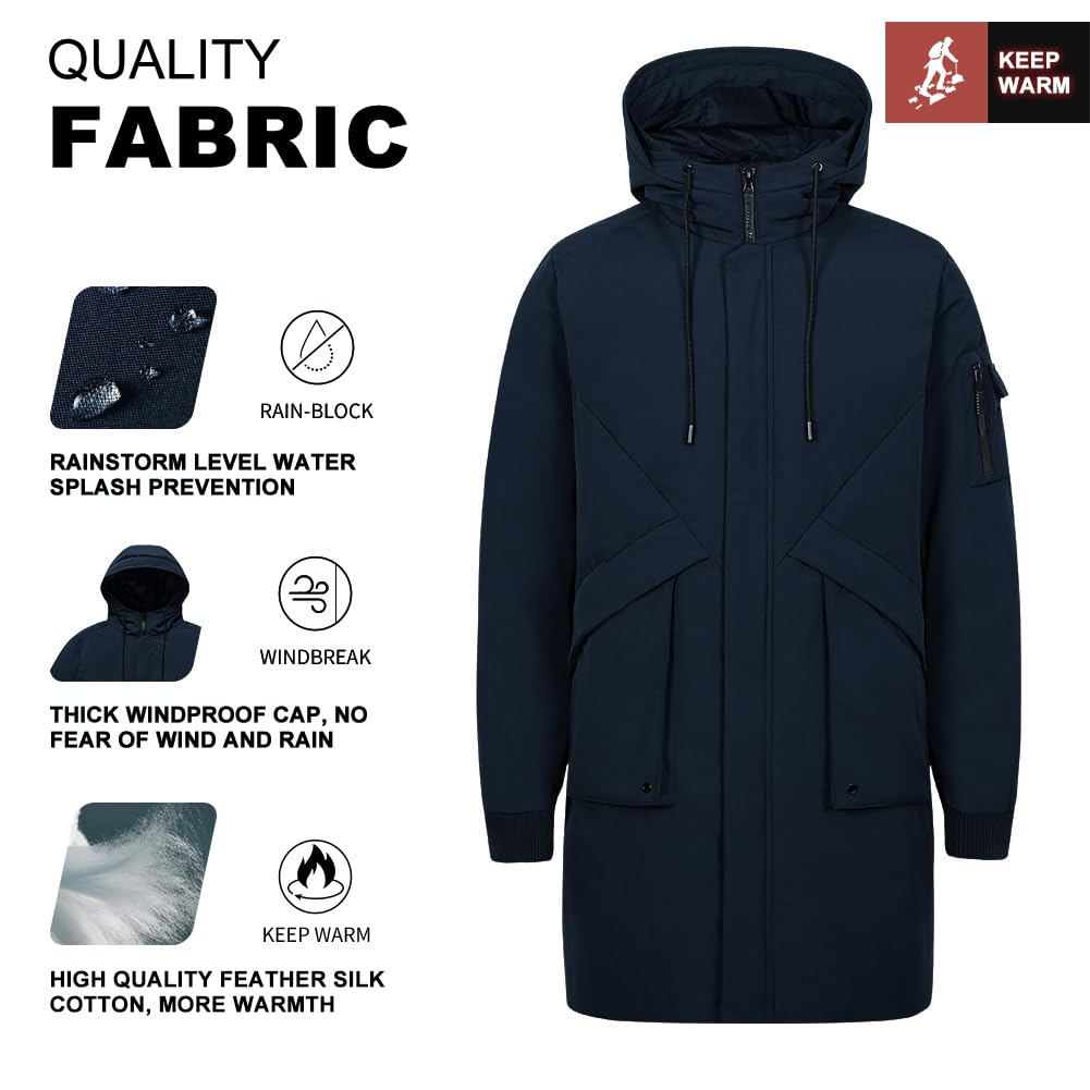 Pioneer Camp Men's Winter Coats Water-Repellent Windproof Thicken Parkas Long Hooded Padded Puffer Jacket