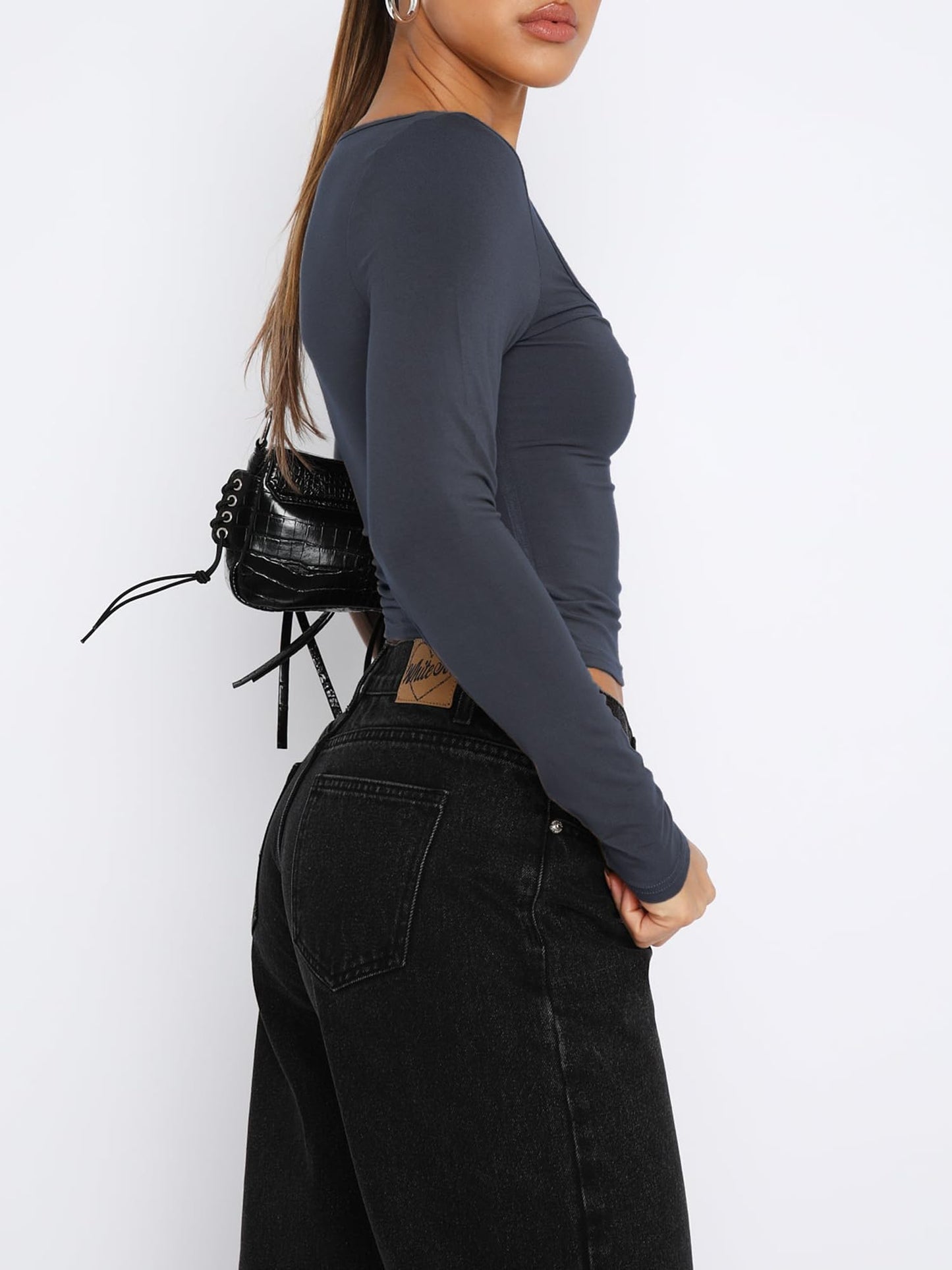 Women's Long Sleeve Going Out Crop Top Sexy Pleated Trendy Shirt Sweetheart Neck Y2K Ruched Cropped Tops