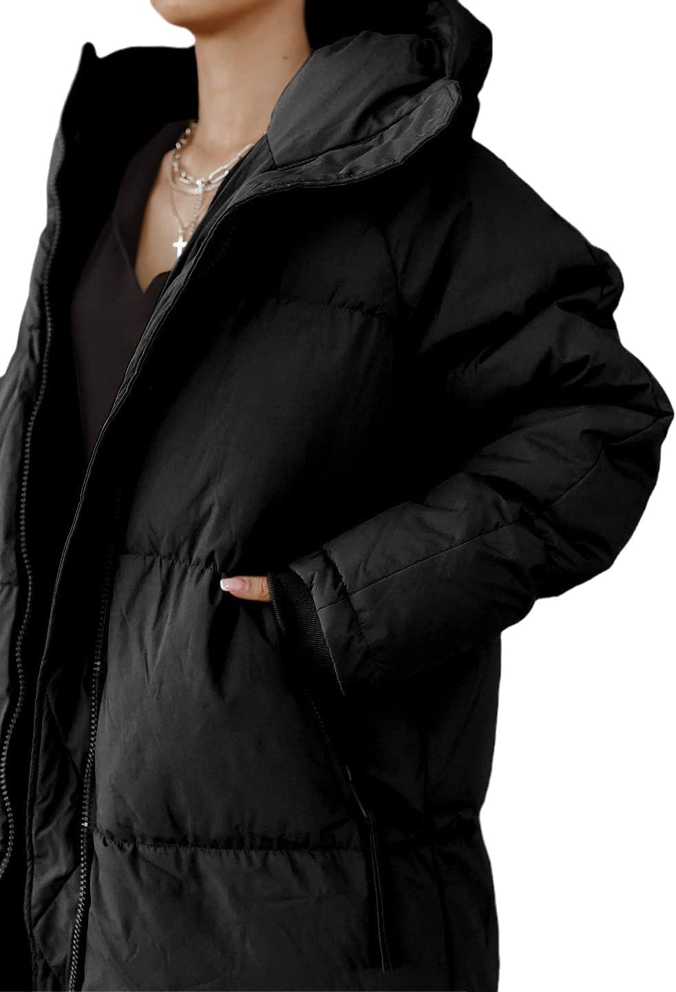 Tankaneo Women's Long Winter Coat with Zip Hood Long Sleeve Puffer Quilted Coat Functional Jacket Down Look Winter Outerwear