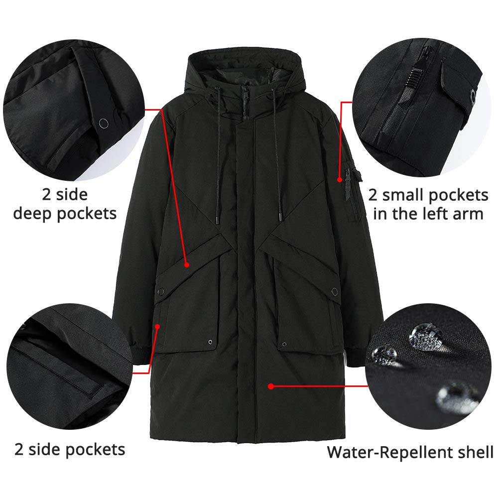 Pioneer Camp Men's Winter Coats Water-Repellent Windproof Thicken Parkas Long Hooded Padded Puffer Jacket