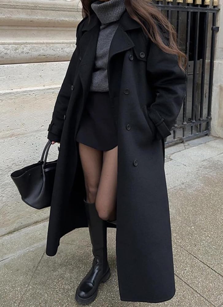 chouyatou Women's Winter Double Breasted Wool Coat Long Sleeve Notch Lapel Midi Long Winter Trench Coat with Belt