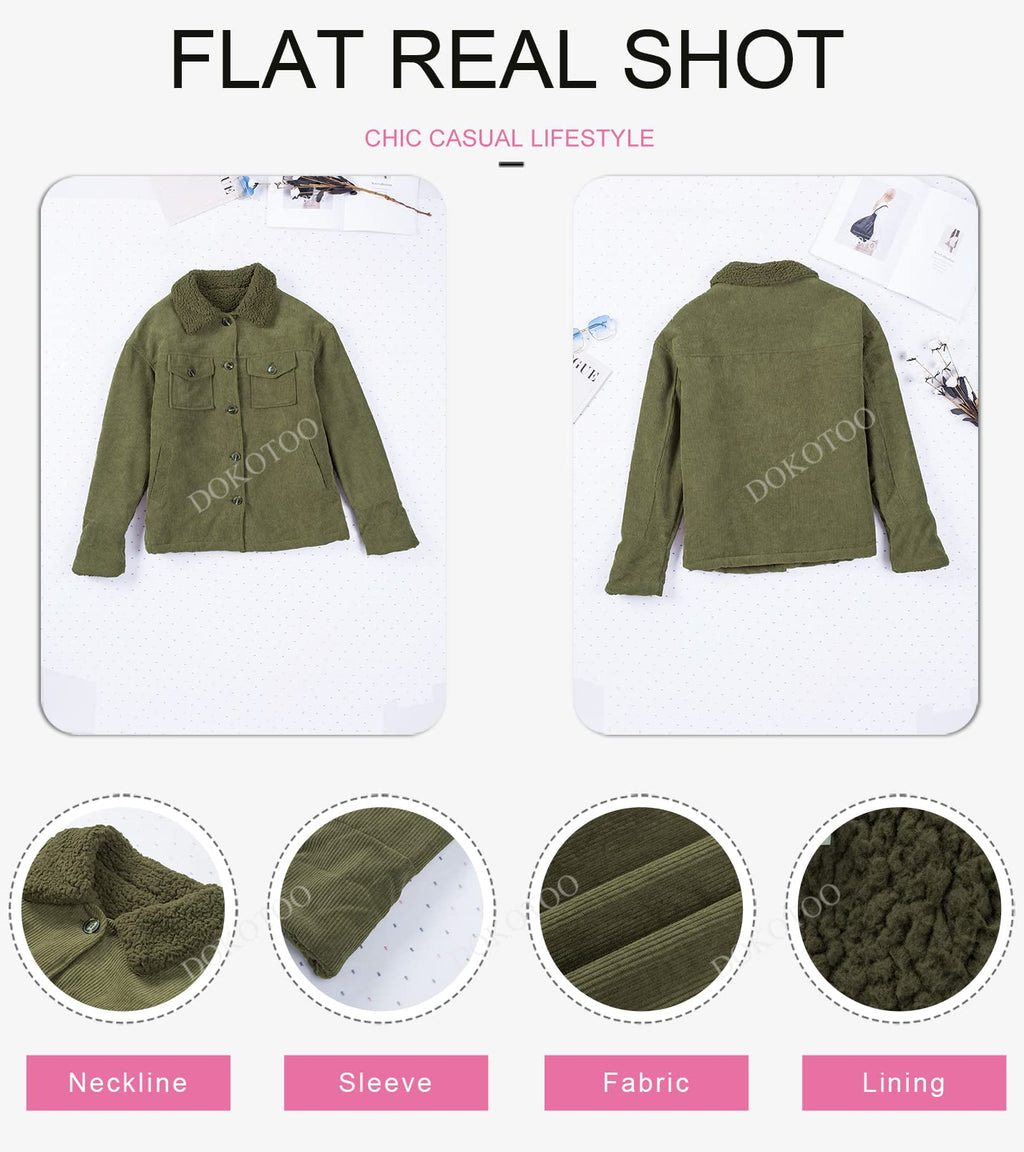 Dokotoo Corduroy Sherpa Jacket for Women Button Down Fleece Fur Collar Winter Warm Coat