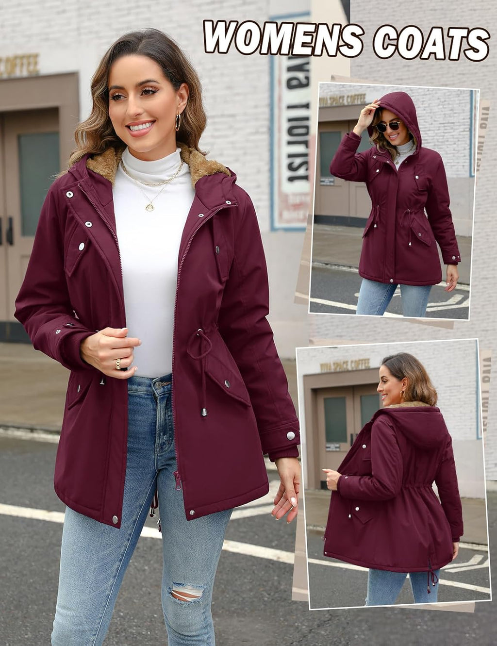 CMTOP Women Winter Jackets UK Thick Fleece Lined Ladies Coats Warm Fuzzy Waterproof Coat Padded Windproof Ladies Coats Thermal Outdoor Parka Jacket Hooded Outwear with Pockets