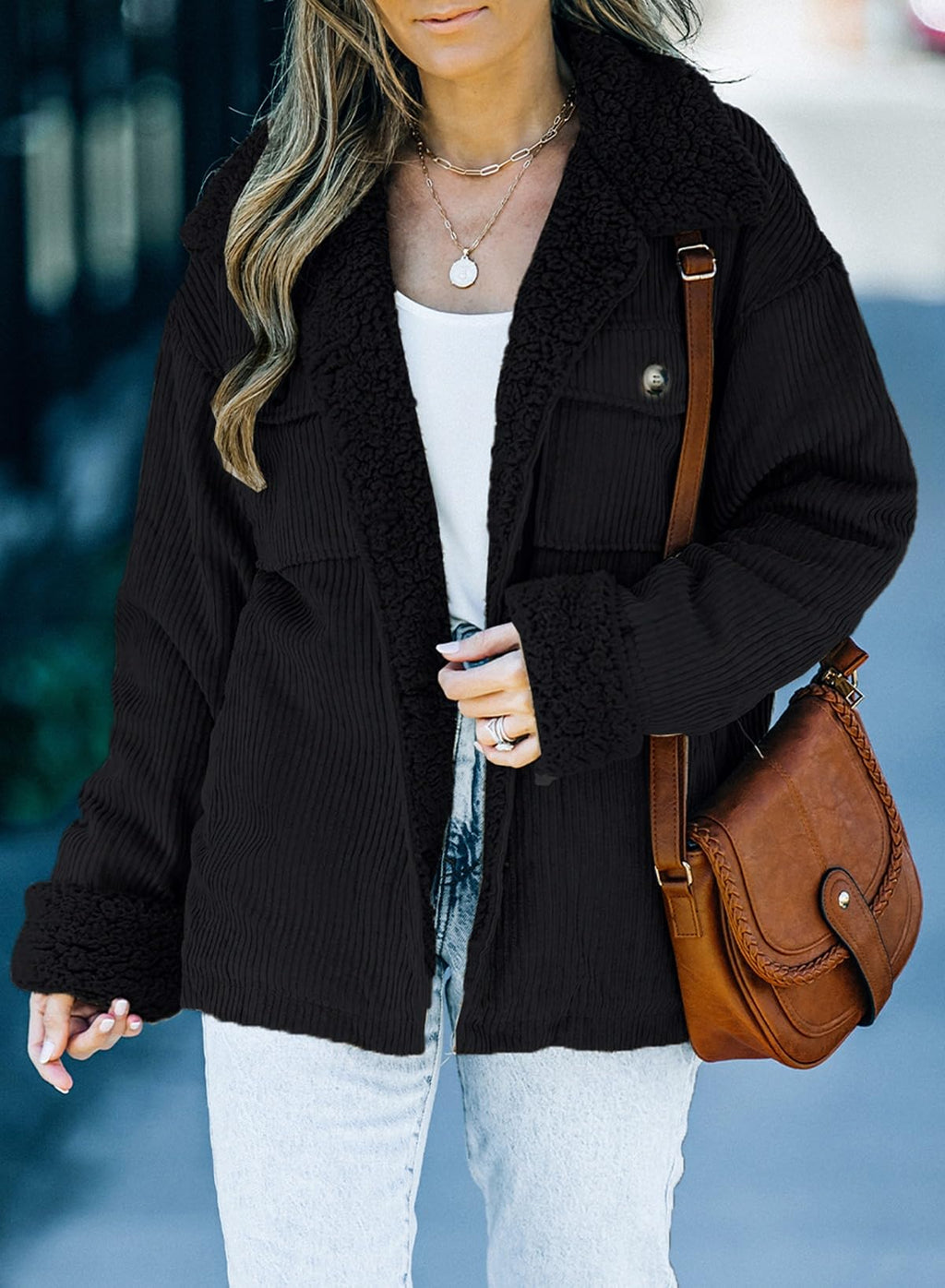 Dokotoo Corduroy Sherpa Jacket for Women Button Down Fleece Fur Collar Winter Warm Coat