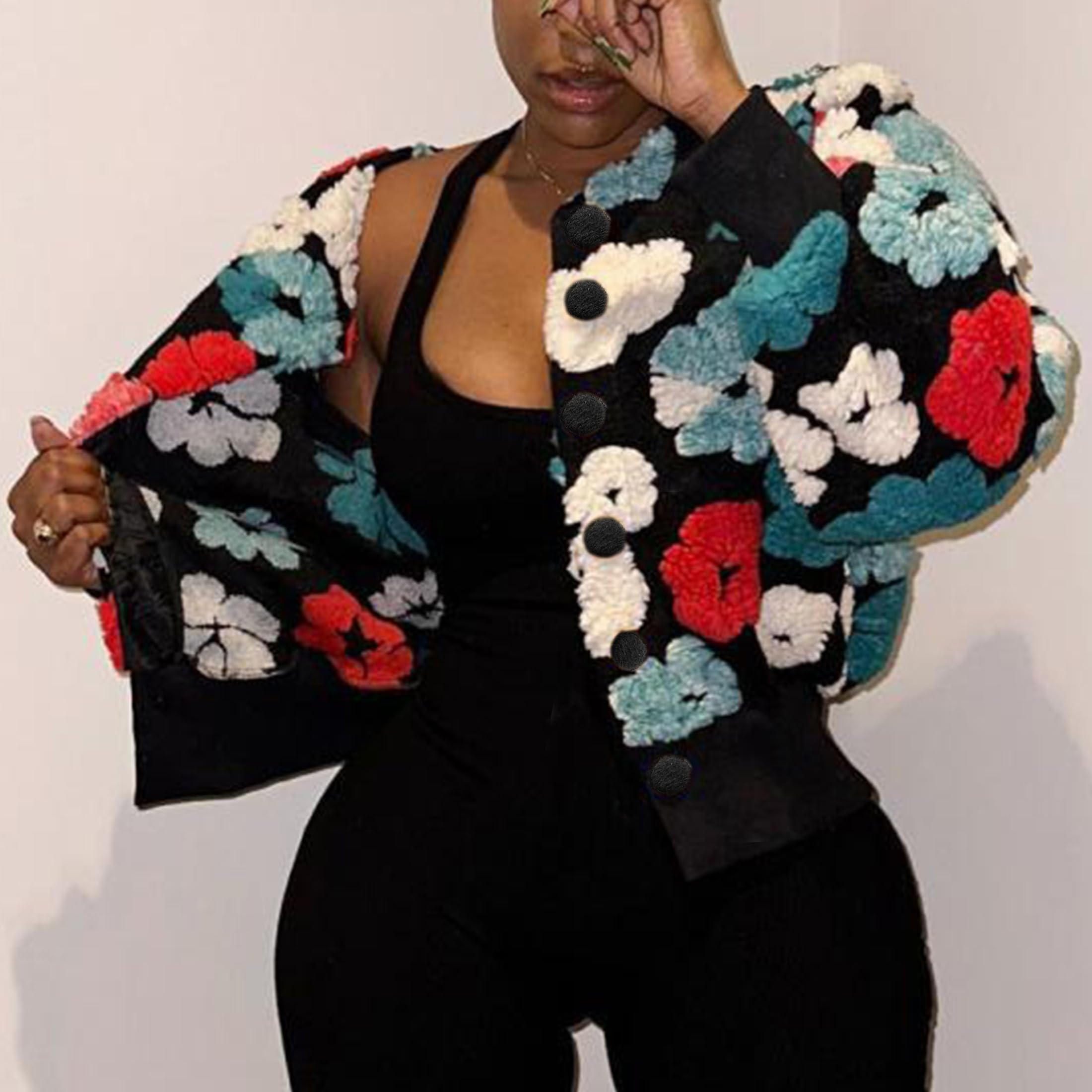 OPCAKM Women's Cropped Floral Print Shacket Jackets Round Neck Long Sleeve Bomber Coat Outerwears