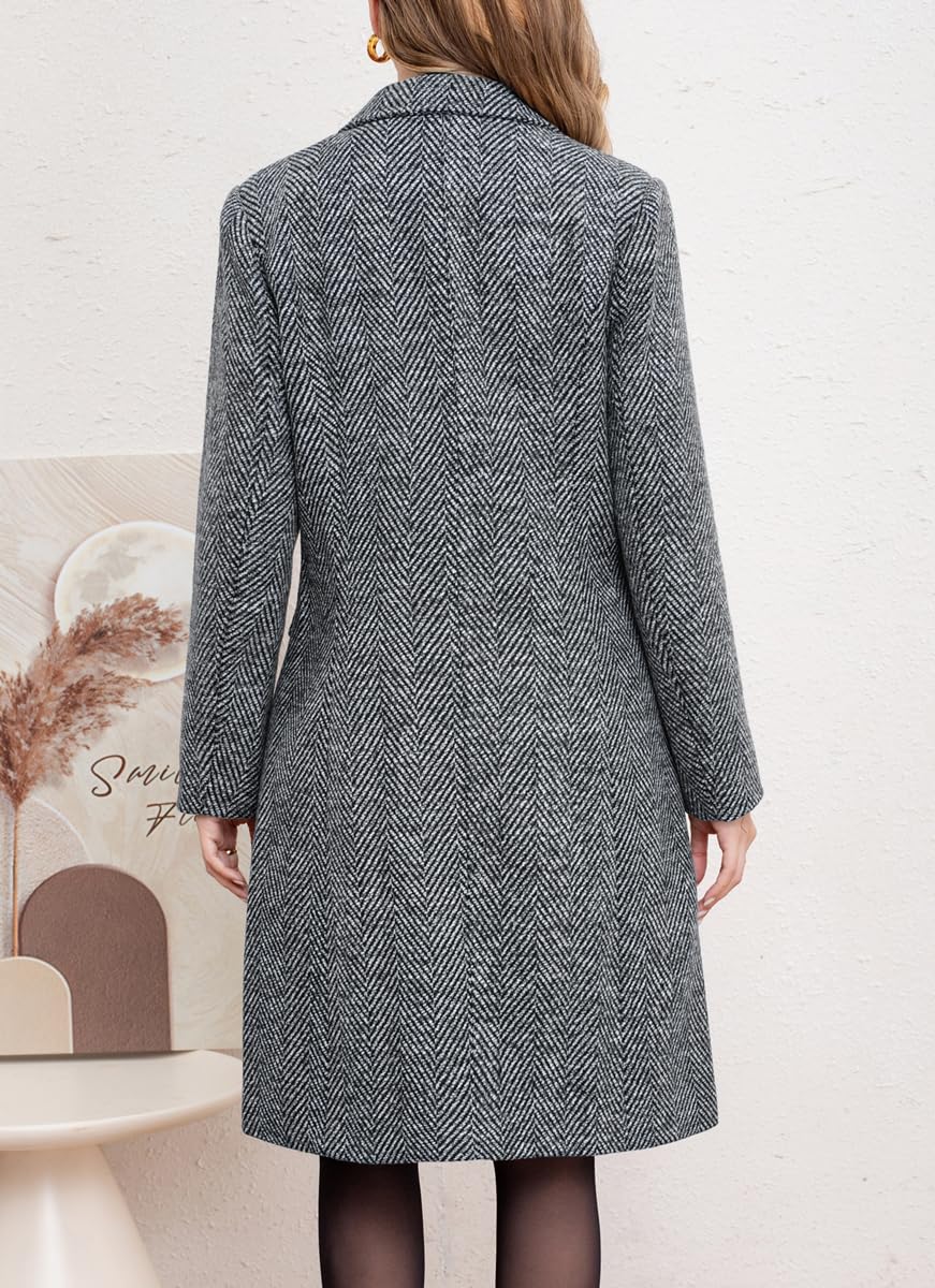 chouyatou Women's Winter Casual Herringbone Wool Coat Double Breasted Notch Collar Dressy Long Trench Coat