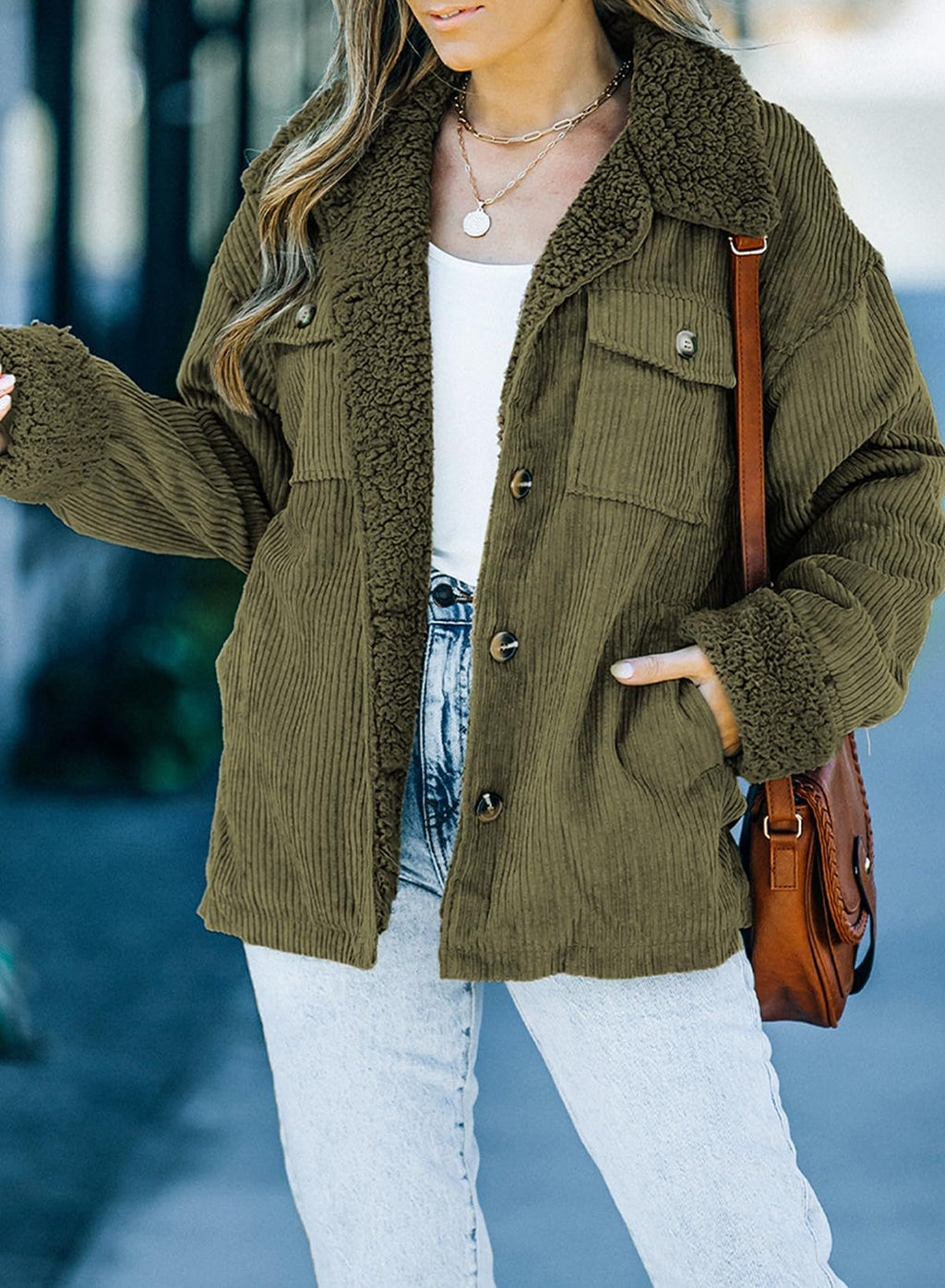 Dokotoo Corduroy Sherpa Jacket for Women Button Down Fleece Fur Collar Winter Warm Coat