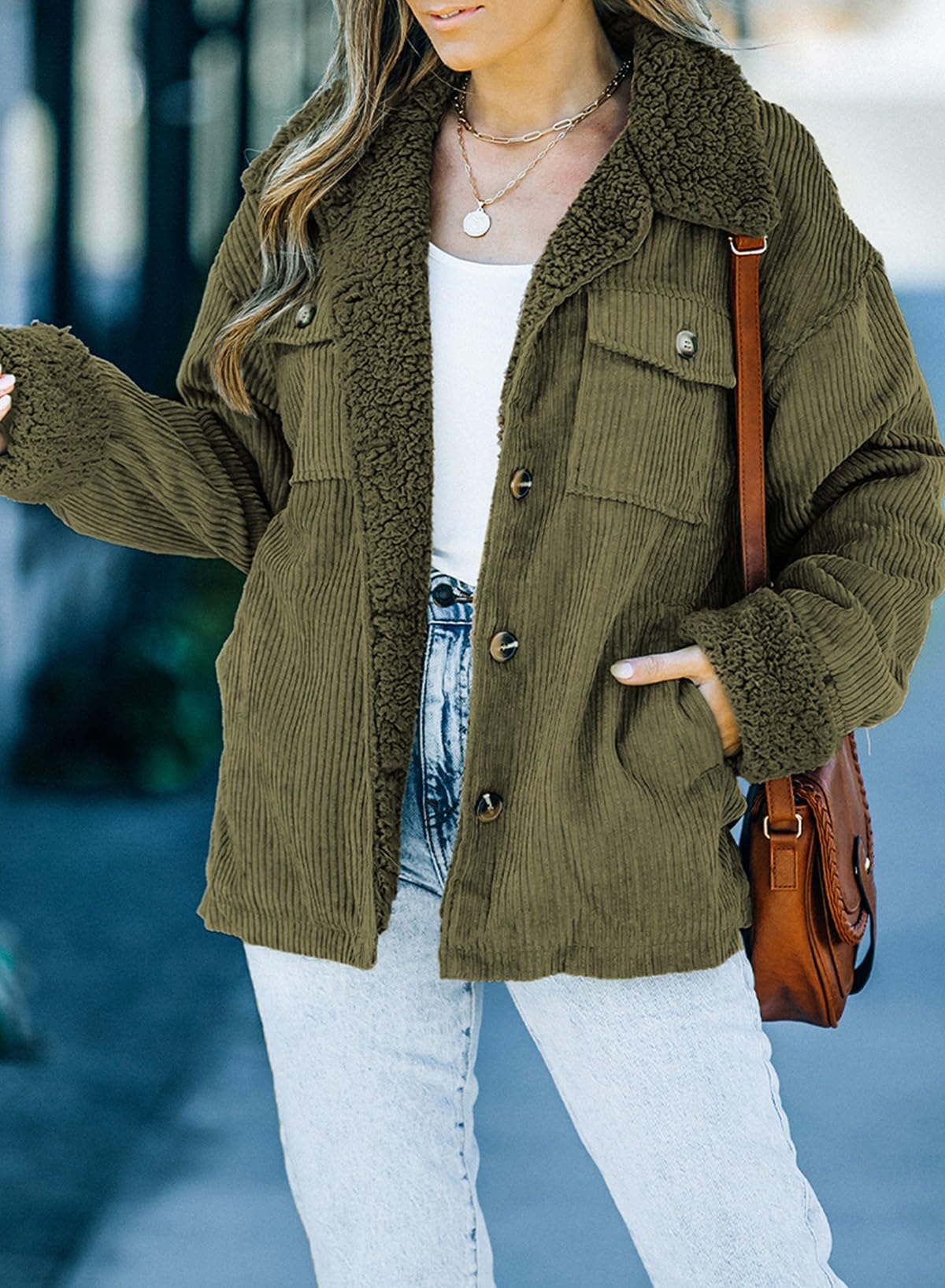 Dokotoo Corduroy Sherpa Jacket for Women Button Down Fleece Fur Collar Winter Warm Coat